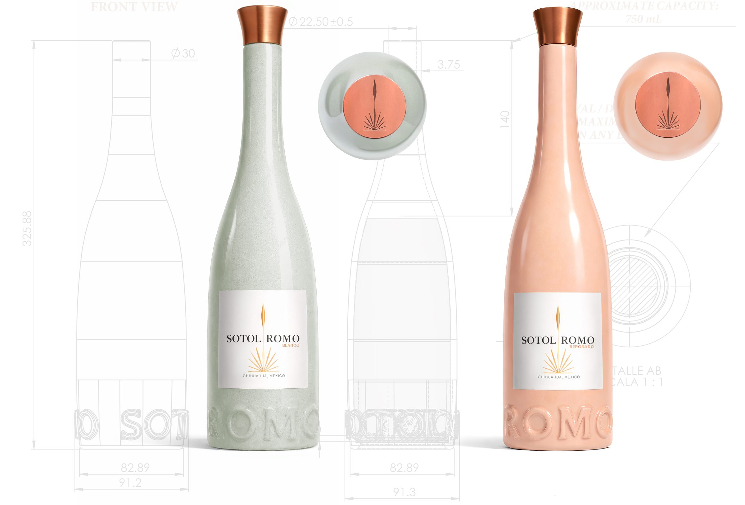 Sotol ROMO bottles with copper caps over technical drawings
