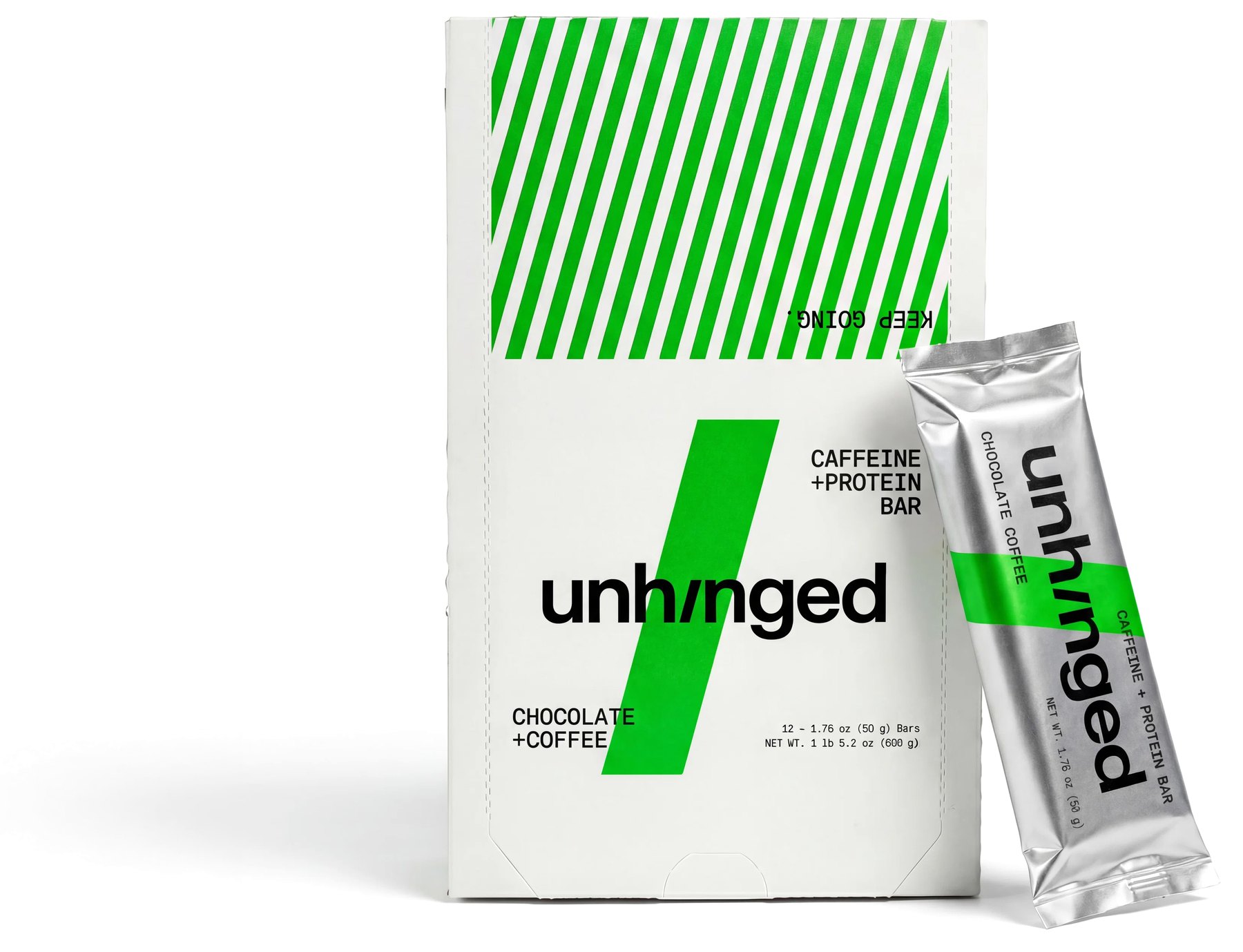 Unhinged caffeine and protein bar, pack and box