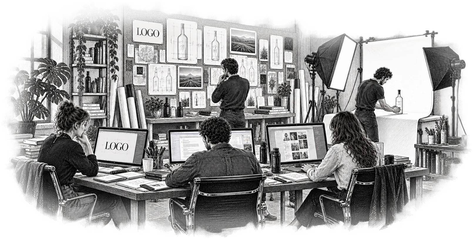 Ink illustration of a creative studio: three people working at laptops, one pinning references to a wall, one setting a bottle on a photo backdrop